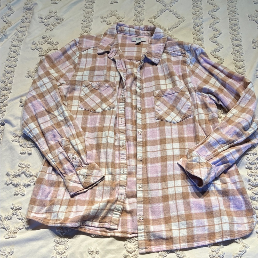 Flannel Plaid Button-Up Shirt in Pink and Brown